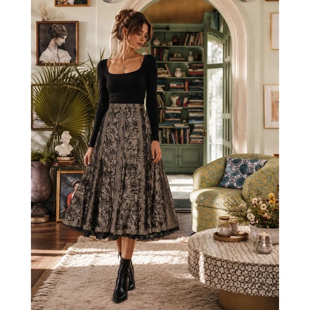 Calico Floral Embroidered Lace Trim Midi Skirt Olive Black Gothic Boho  12 A10
